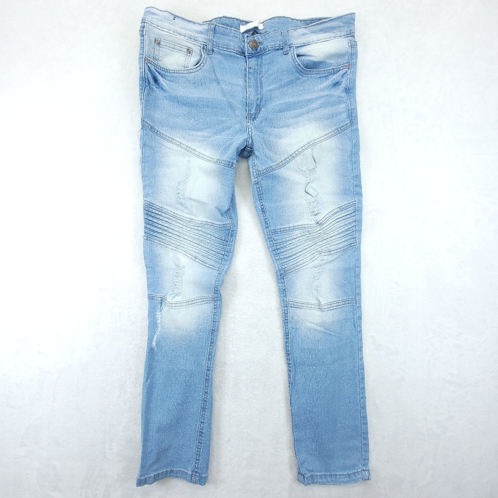 GS-115 Mens Denim Jeans Blue Moto Distressed Size 34x27 Light Wash